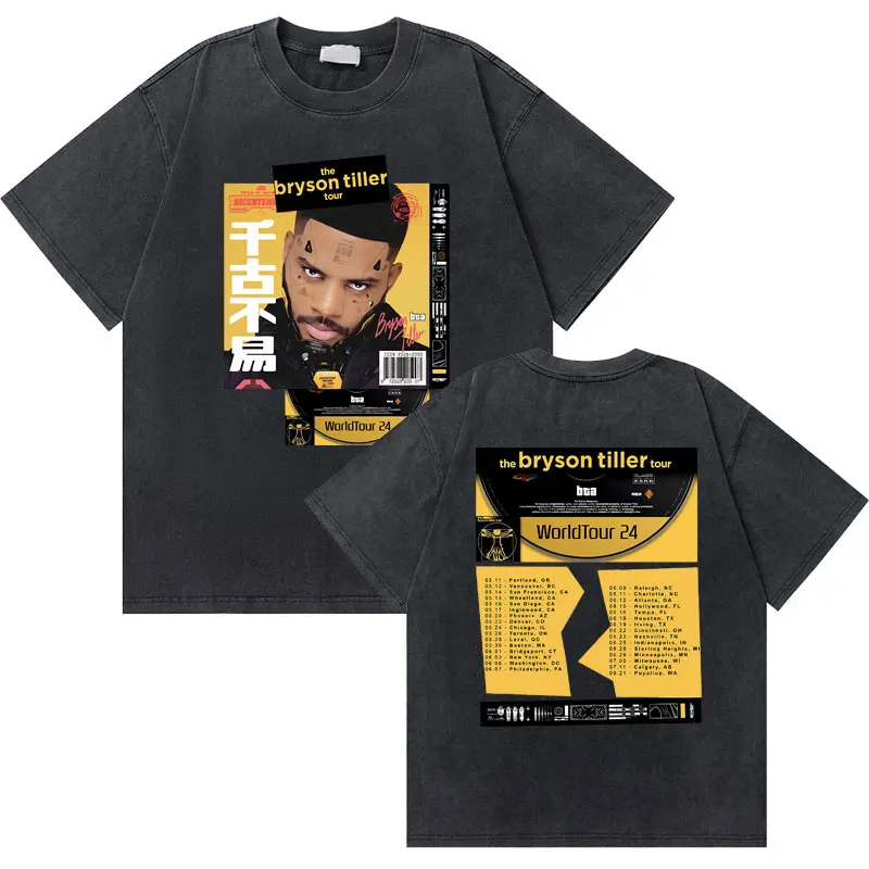 

Washed Vintage Rapper The Bryson Tiller World Tour Graphic Print T Shirt Male Streetwear Men Hip Hop Fashion Oversized T-shirts