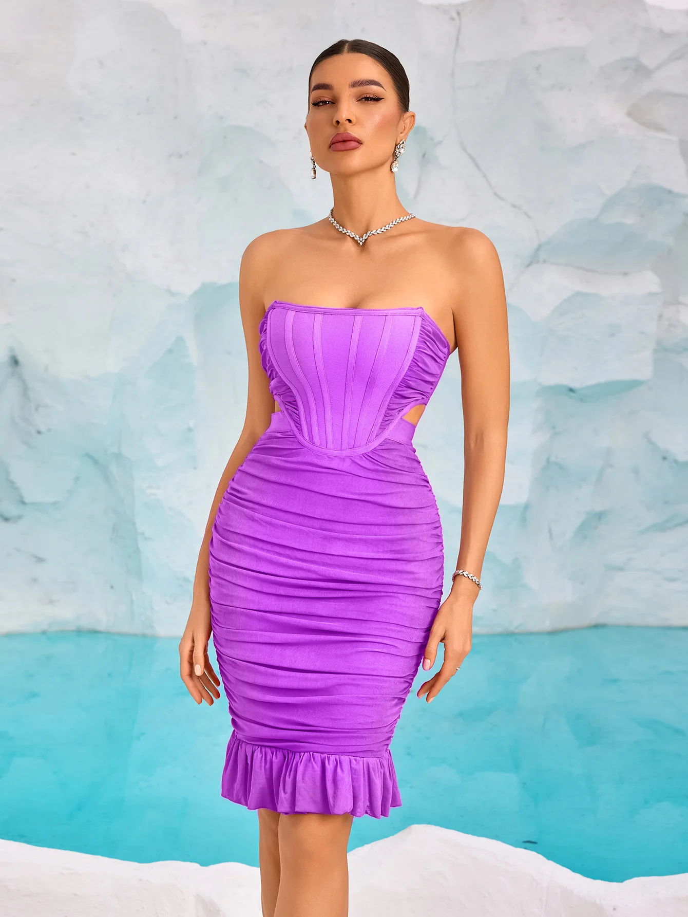 

2025 Women Celebrity Sexy Strapless Ruched Ruffles Purple Midi Bodycon Dress Elegant Evening Party Club Vestido