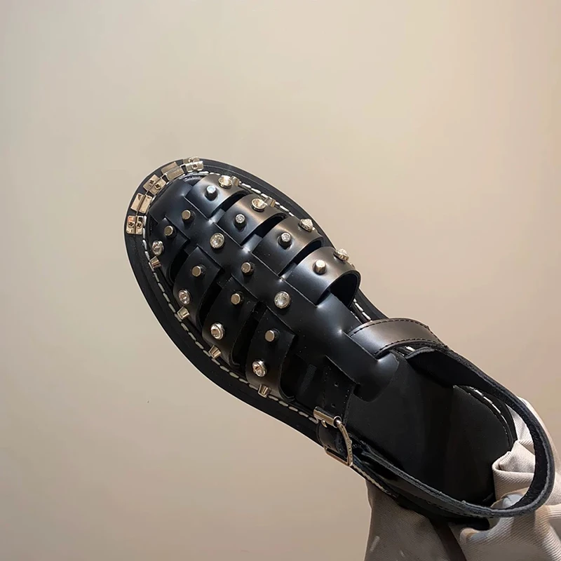 Rivet Design Womens 2025 New Style Genuine Leather Vintage Roman Sandals Horsehair Leather Summer Black Chunky Sole