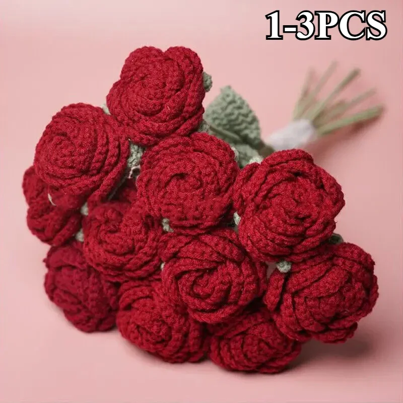 2PCS Knitted Rose Artificial Flowers Crochet Handmade Red Rose Wedding Home Party Table Decoration Creative Gift for Woman Girls