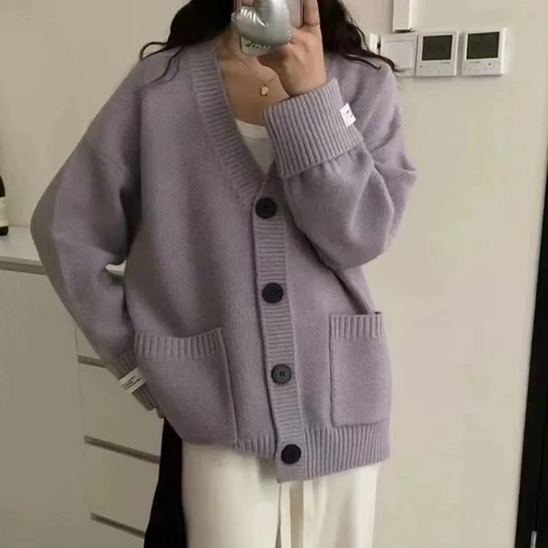 Women Knitting Sweater Cardigan 2025 New Soft Plush Knit Jacket Women's Retro Loose Slim Fit Cuffed Sleeves Patch Pocket Sweater