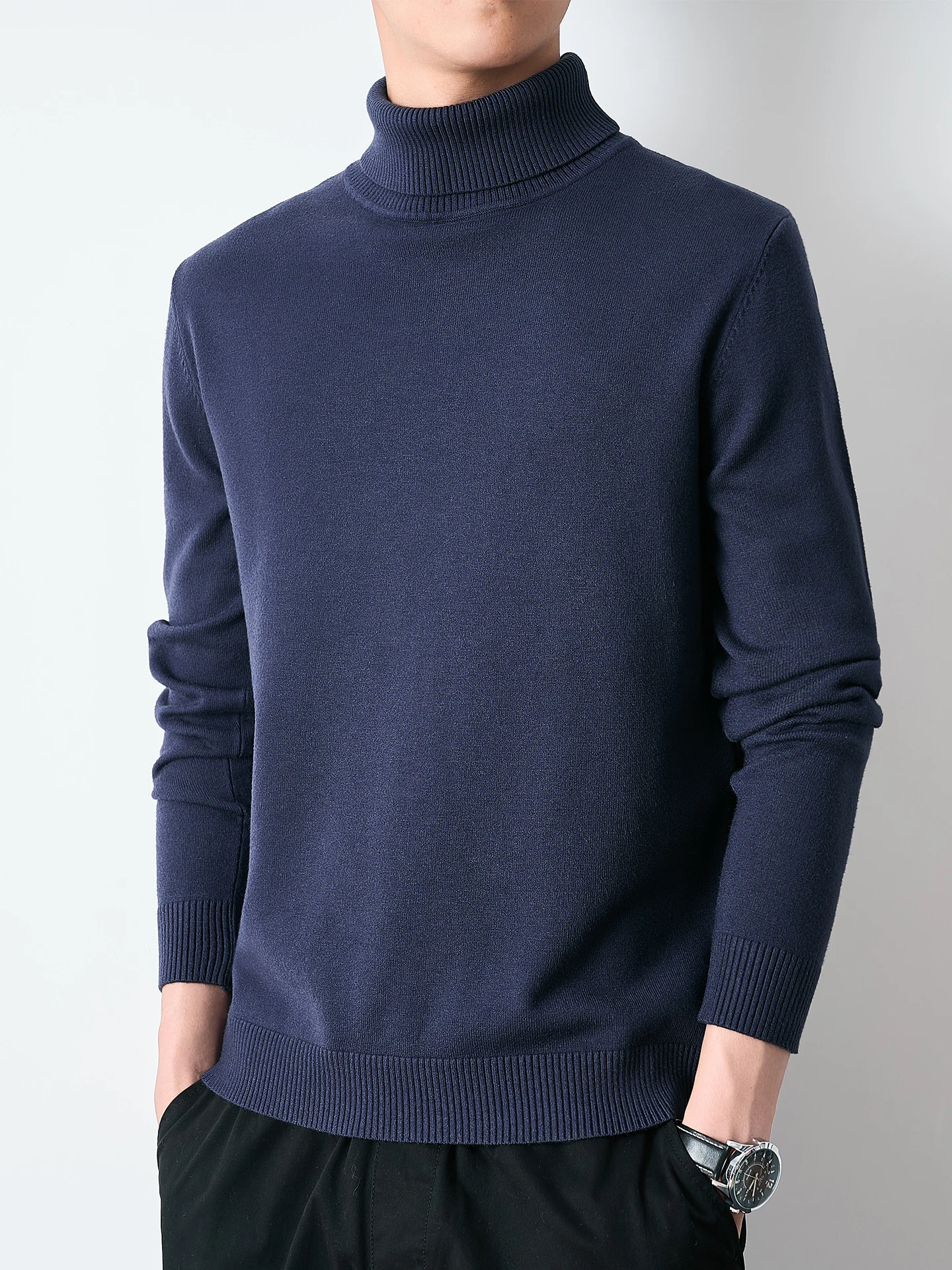 

Мужской вязаный свитер Thiened Long Sve с высоким воротником, повседневная свободная посадка, осенняя новинка, теплая толстовка с капюшоном, топ