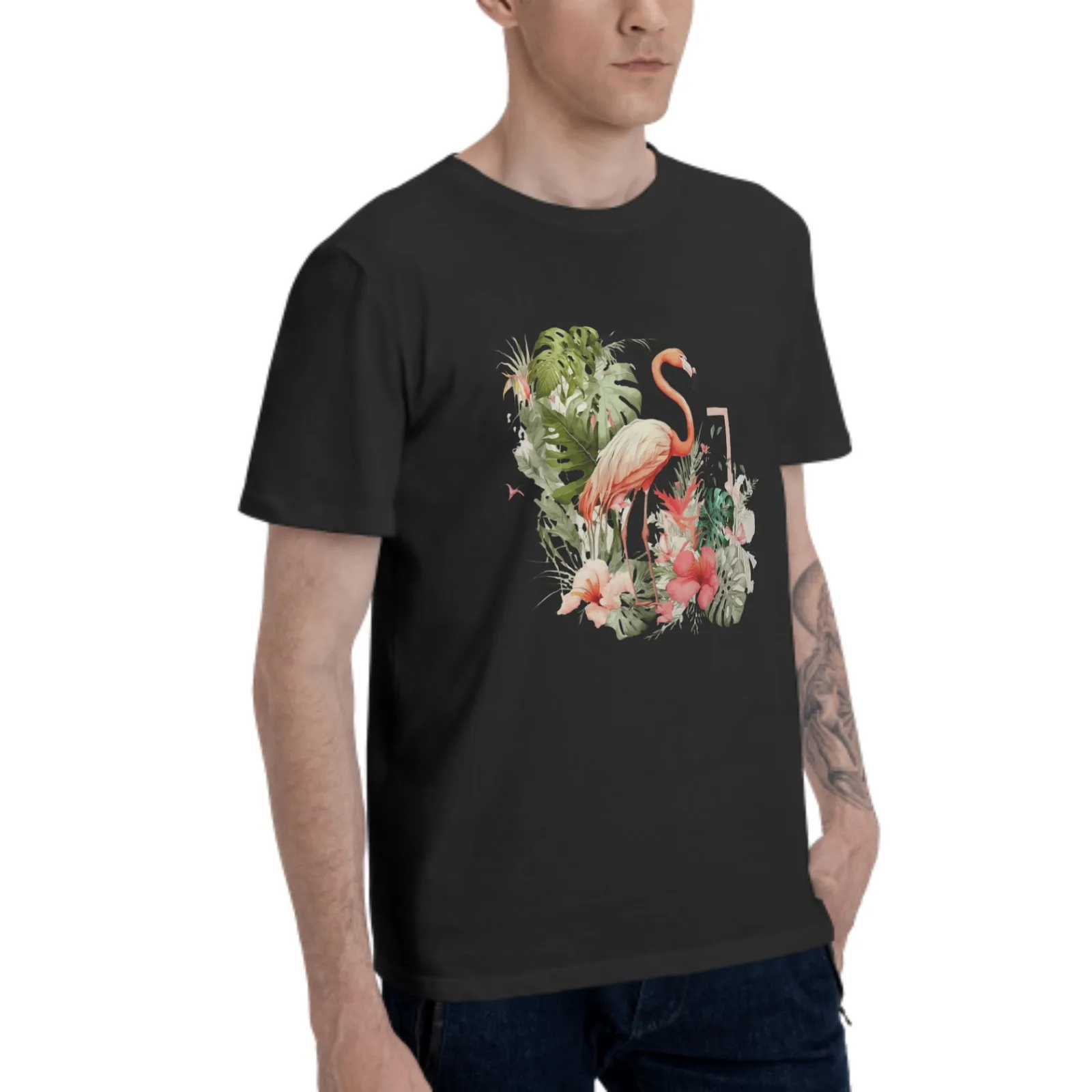 Flamingo Palm Men‘s T-Shirt Cotton 100% Summer Tops Fashion Casual Short Sleeves Round Collar Short-Sleeve Couple Tees