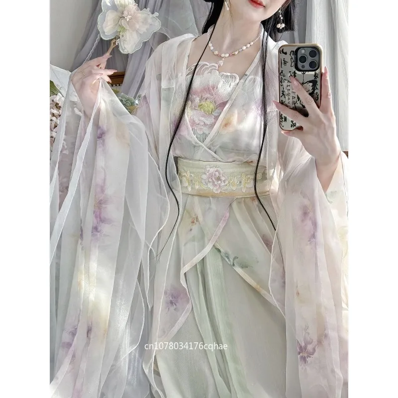 

Heavy industry embroidery suspender Hanfu woman, smudged big-sleeved shirt, cold fairy air elegant fairy style suit