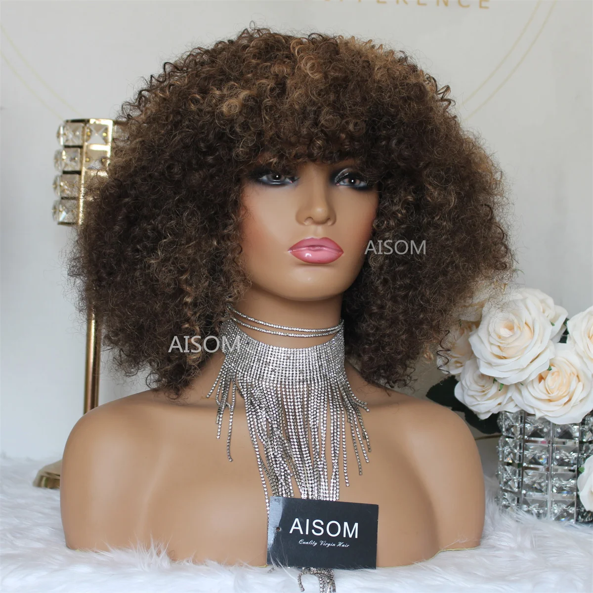 

Afro Kinky Curly Wigs Short Full Machine Made Wig with Bangs Synthetic Wigs for Women Short Curly Wigs 16" #4/27 Afro Curl