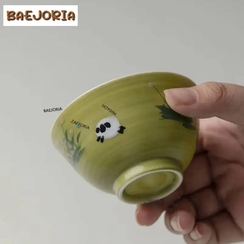 90ml Hand Painted Green Field Sheep Teacup Ancient Tea Bowl Sample Tea Cup Tea-tasting Personal Cup Jianzhan Master Cups Cafes