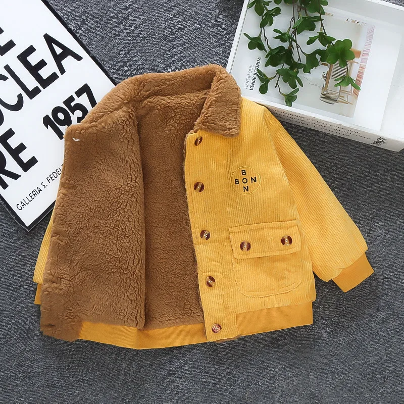 Boy Loose Coat Autumn Winter 2024 New Corduroy Thickened Add Velvet Tops Jacket Casual Simple Fashion Sweet Korean Cute Vintage