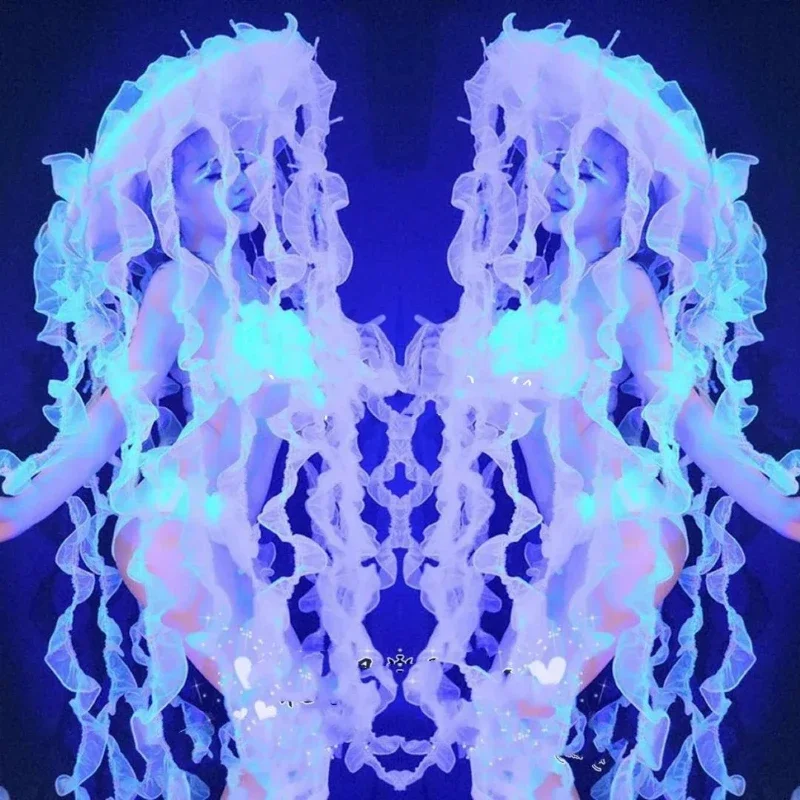 Jellyfish Hat Luminous Headdress Lighting Women Suit Led Party DJ Bar Stage Show Performance Costume Dance Wear Clothing
