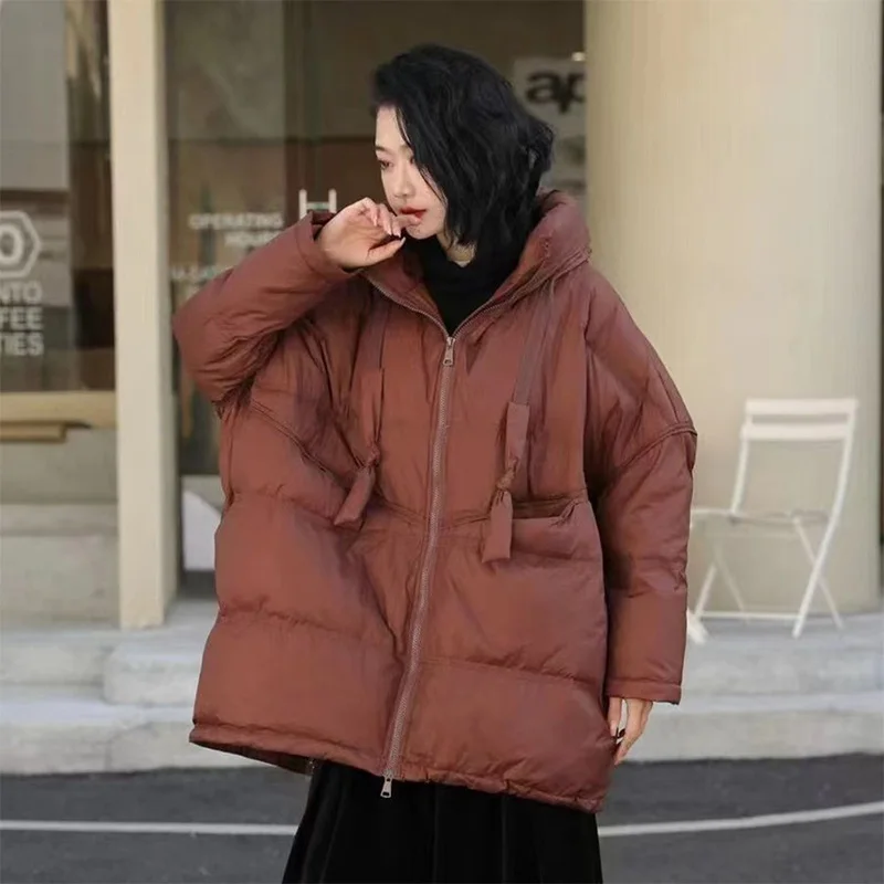 

2025 Новая зимняя женская свободная куртка на белом утином пуху с капюшоном, женская осенняя верхняя одежда, повседневное повседневное пуховое пальто больших размеров