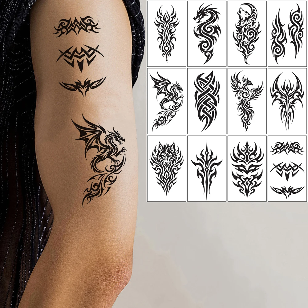 12pcs Men's Hand Tattoo Waterproof Totem Pattern Temporary Tattoos for Women Men Body Makeup Snake Dragon Totem Tattoo Stickers
