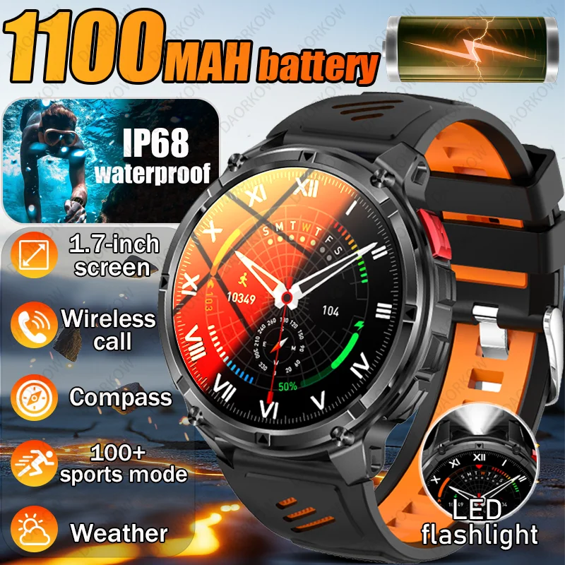 2025 latest 1.7 -inch high-definition screen LED flashlight outdoors compass health monitor with 1100 mah battery smart watches