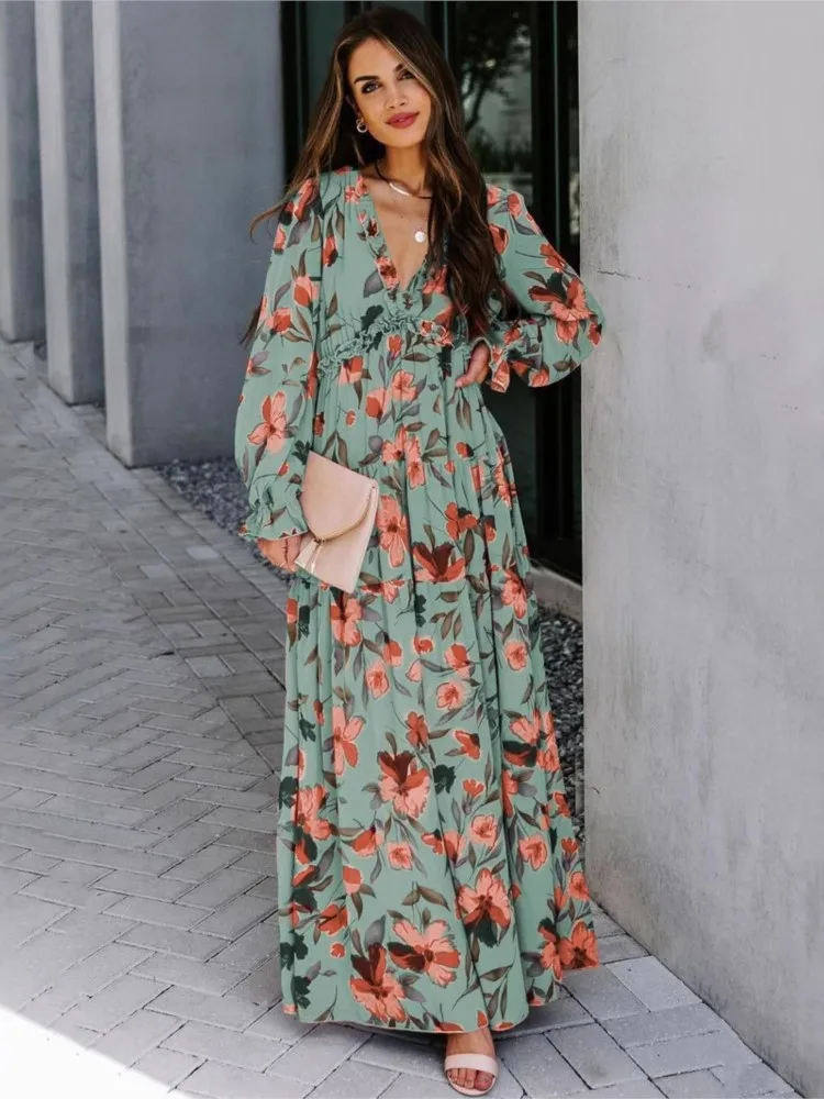 2025 Fashion Flora Printed Long Dress Women's Elegant Evening Gown Dress Attractive Style Temperament Commuter Evening Dress