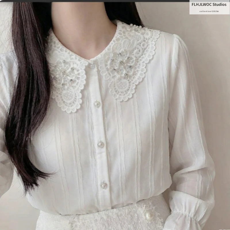 Hollow Lace Peter Pan Collar Tops Blouses New Year Christmas Cute Girls Woman Long Sleeve Elegant Basics White Shirts
