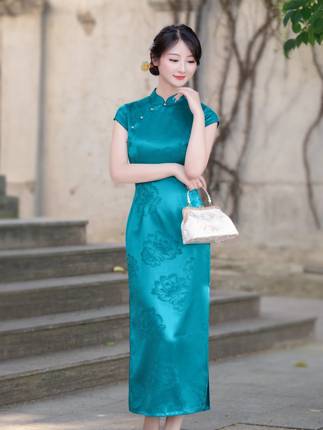 

Синее облегающее платье в винтажном китайском стиле для повседневной носки, дышащее, из полиэфирного волокна, с коротким рукавом, длинное