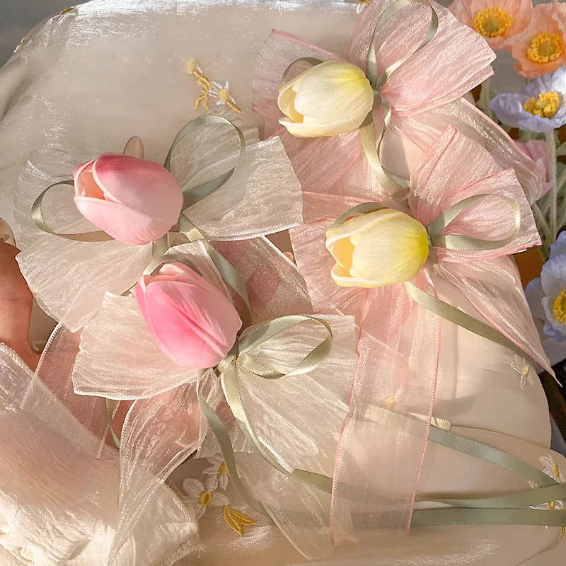 

Tulip Ribbon Bow Hair Clip Women's Fashion Side Clip Floral Forest-Style Dopamine Hair Accessory