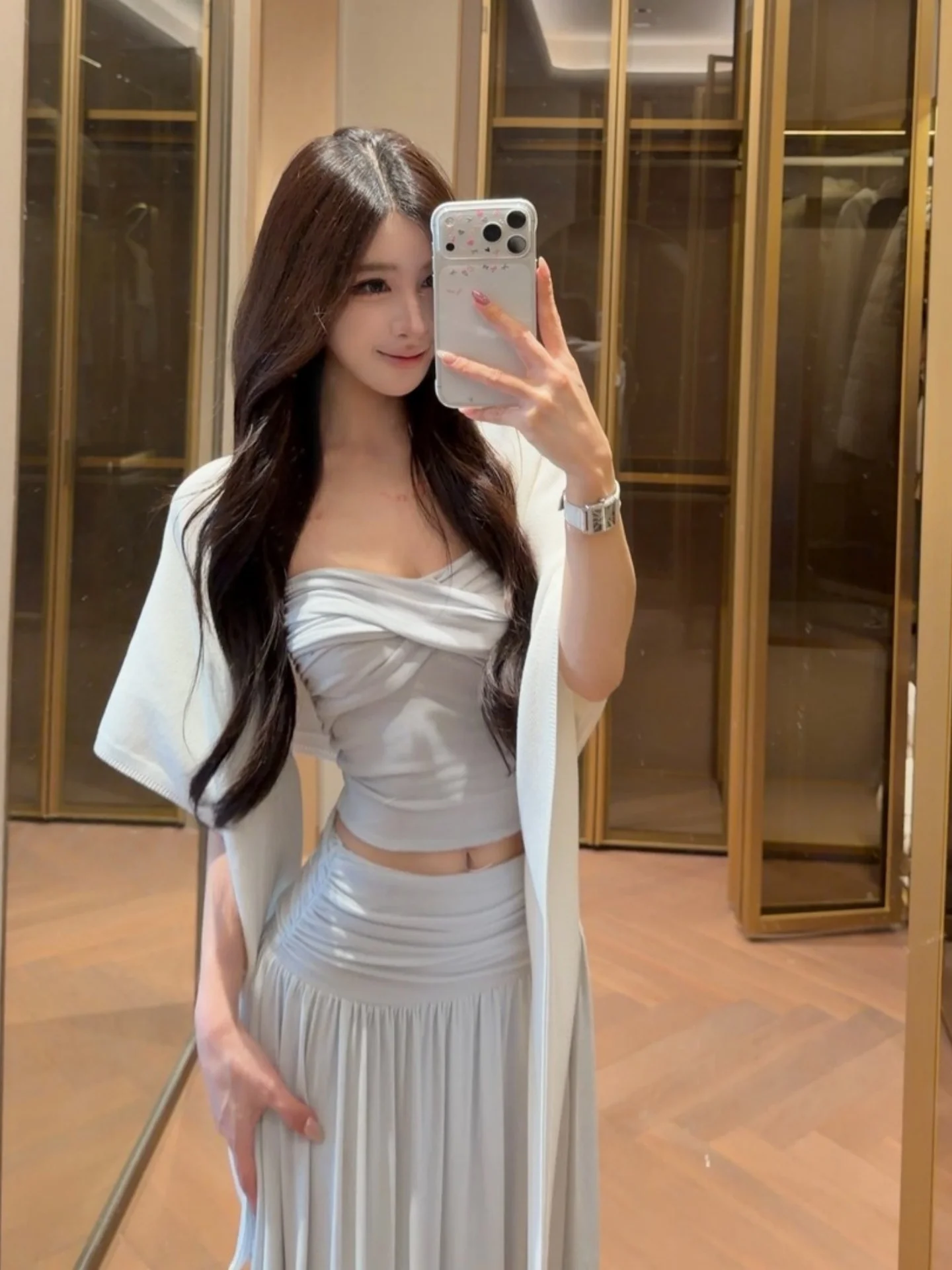 

Summer Vacation Ready Hot Girl Pure Desire Two Piece Set Blue Strapless Top Halter Neck Dress Breathable Polyester Fabric