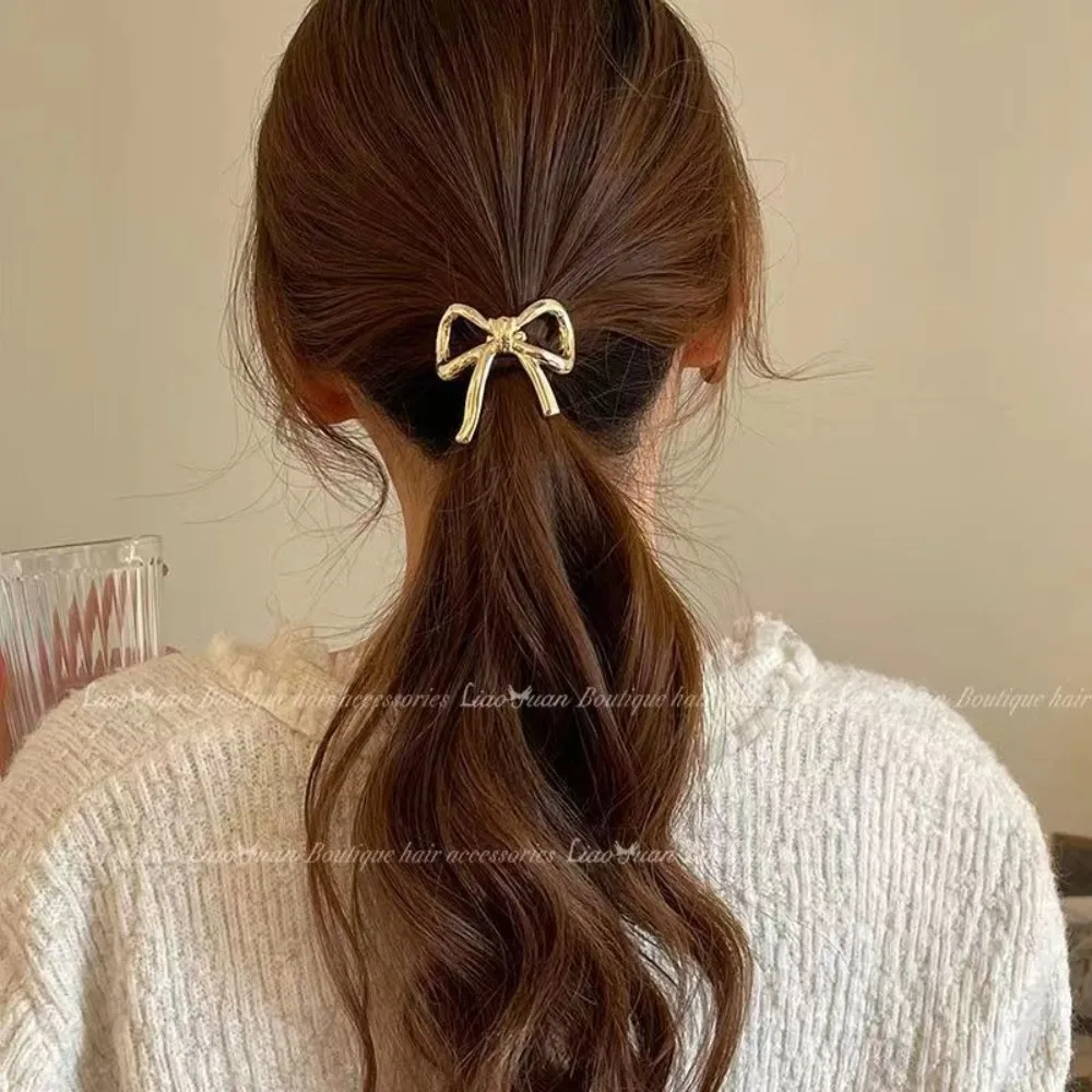 1/5Pcs Bowknot Hair Ties Metal Gold Silver Hair Bands Ropes Elegant Ponytail Holder Elastic Rubber Hair Scrunchies