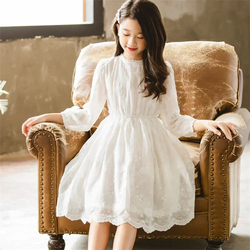 

Kids Dresses Teenage White Wedding Party Lace Girl Dress Long Sleeve Children Carnival Spring Autumn 4 6 8 9 10 12 Years Clothes