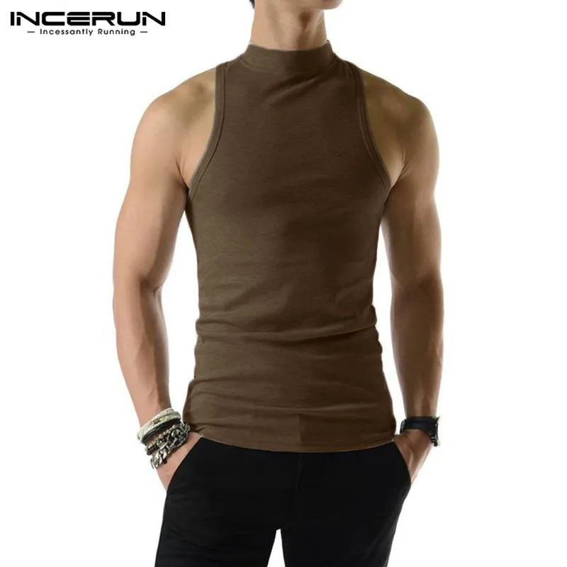 INCERUN Men Tank Tops Solid Color Turtleneck Sleeveless Knitted Casual Vests Streetwear Summer 2023 Fashion Leisure Men Clothing