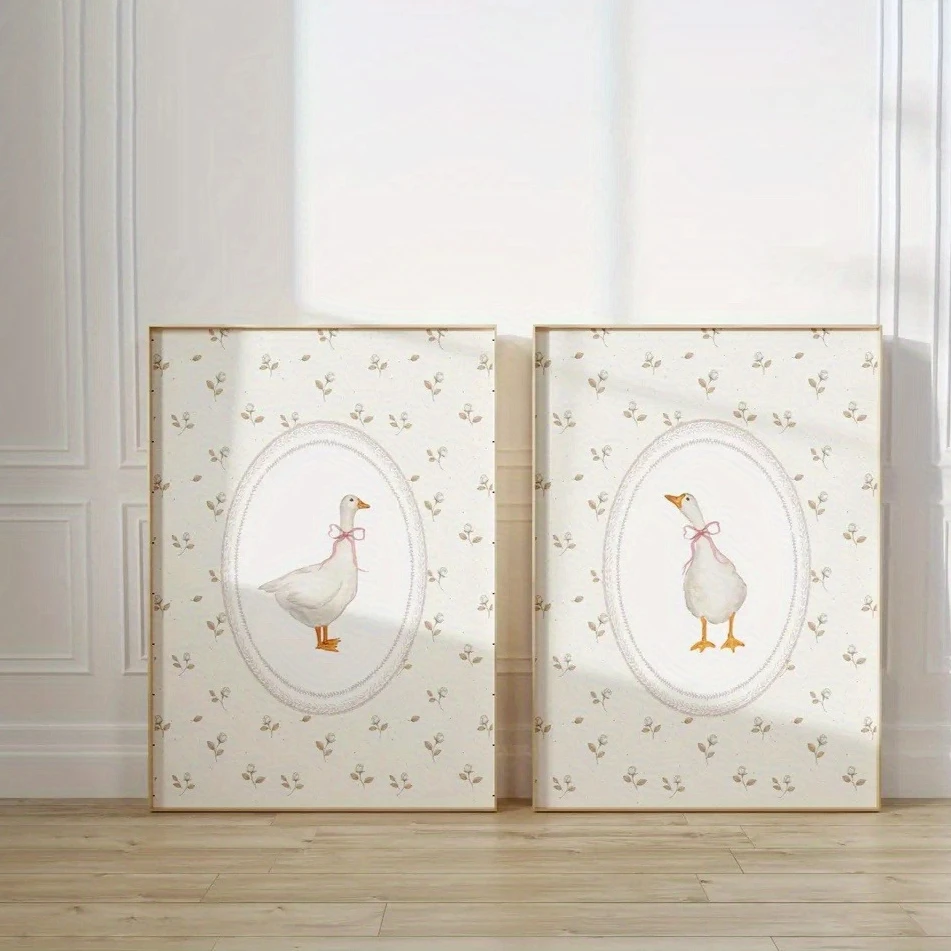 2-Piece Animal Poster Goose Theme Children's Room Wall Decor Set Retro Girl's Room Decoration Frameless Poster - Frameless