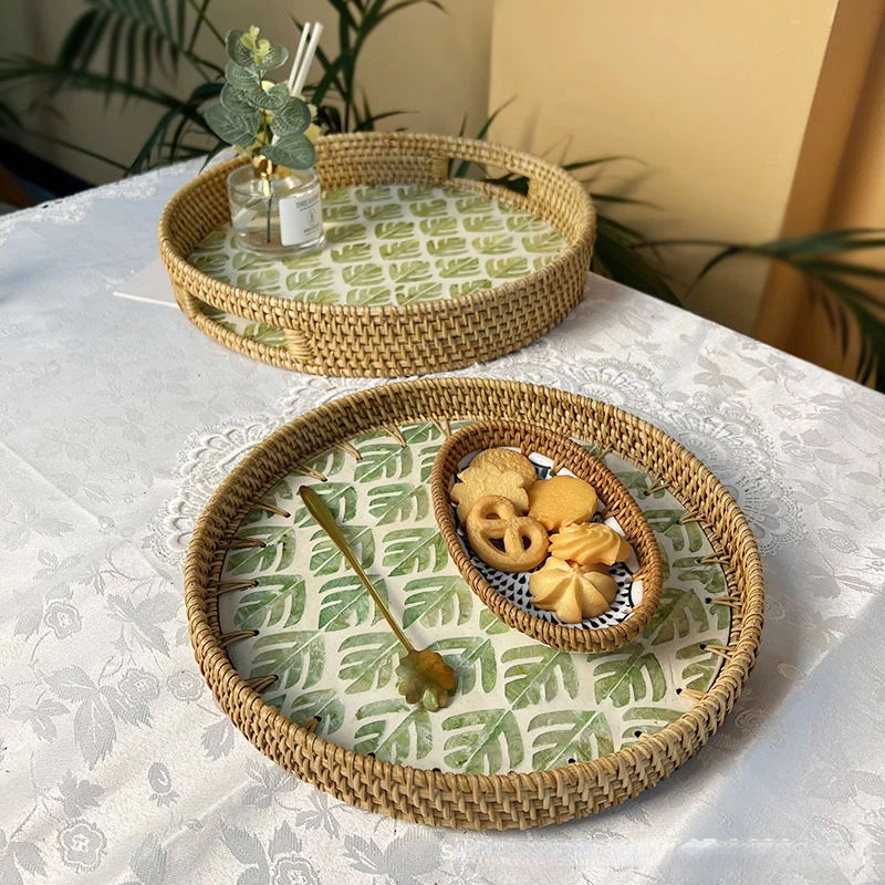 Weaving Rattan Storage Tray Large Round Shellfish Snack Storage Basket Candy Fruit Dessert Plate Tea Tray Home Decoration