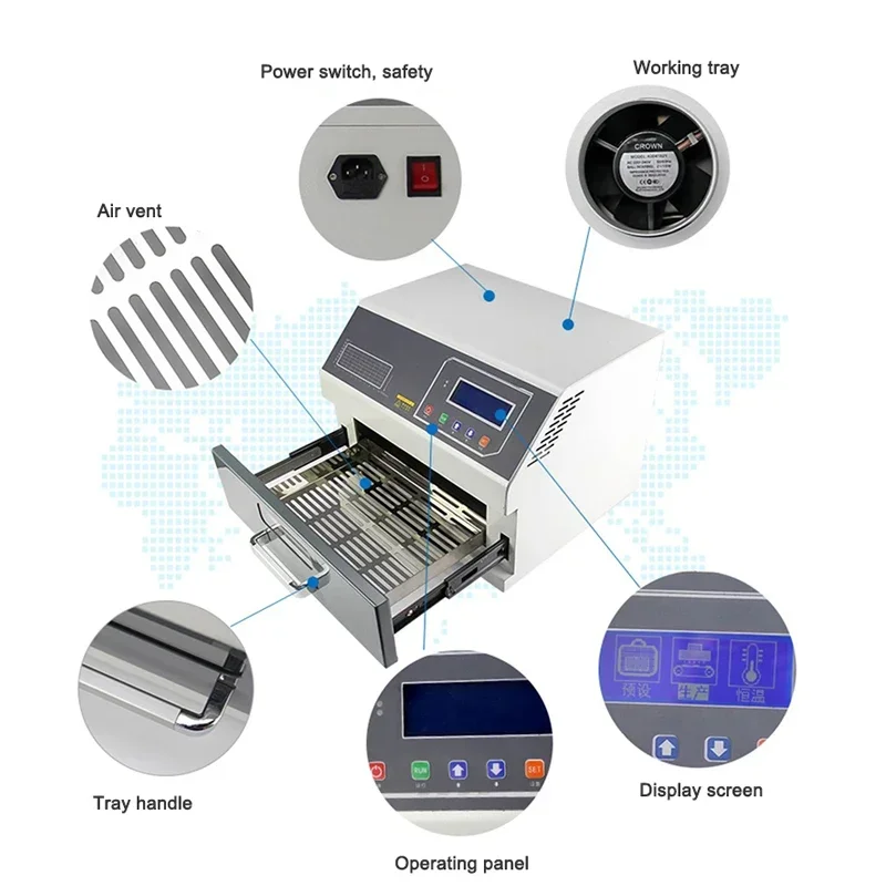 

Настольная высокопроизводительная прецизионная безсвинцовая инфракрасная печь для пайки ZB3530HL-350x300MM, 2400 Вт, для точечной пайки SMT