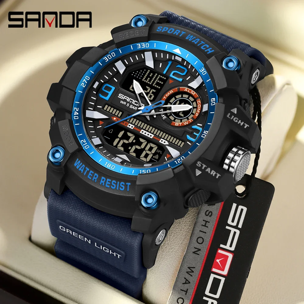 SANDA 3367 Fashion Dual Display Men's Quartz Watch LED Digital Electronic Multi Functional Outdoor Waterproof Sports Wristwatch