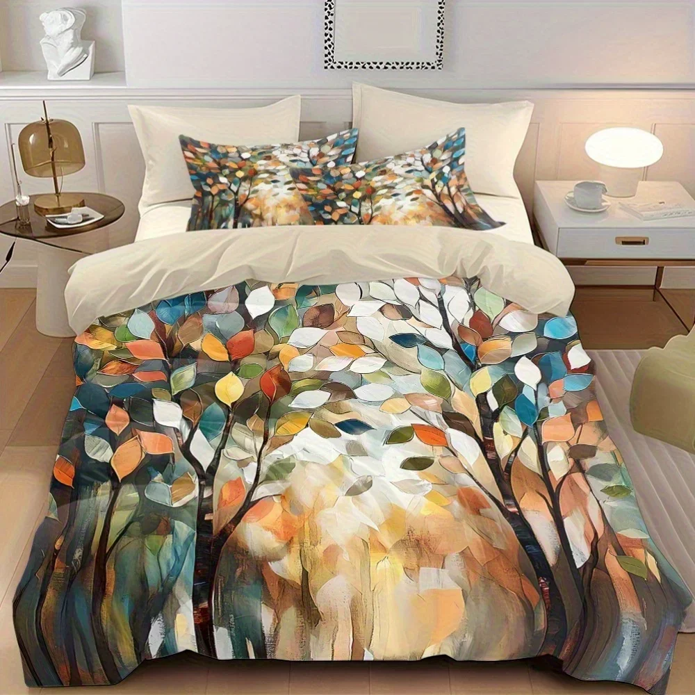 3pcs Colorful Oil Painting Leaves Printed Quilt Set- Includes 1 Quilt Cover and 2 Pillow Cover (without Filler)