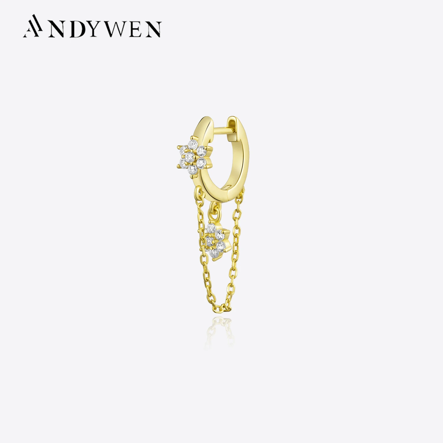 

ANDYWEN 100% 925 Sterling Silver Gold Moonlight Flower Chain Drop Earring Piercing Pendientes Zircon CZ Luxury Fine Jewelry