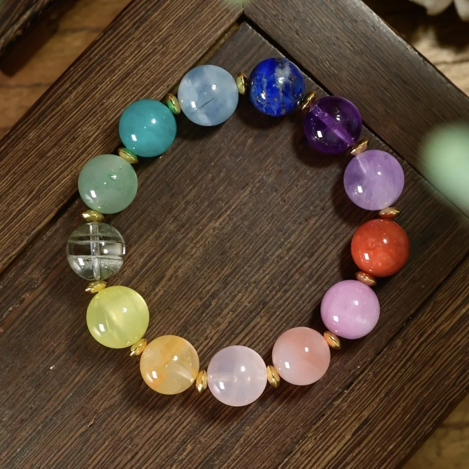 Natural Rainbow Crystal Bracelet, Kunzite Nanhong Amethyst Lapis Aquamarine Amazonite, Multi-Gemstone Jewelry Gift