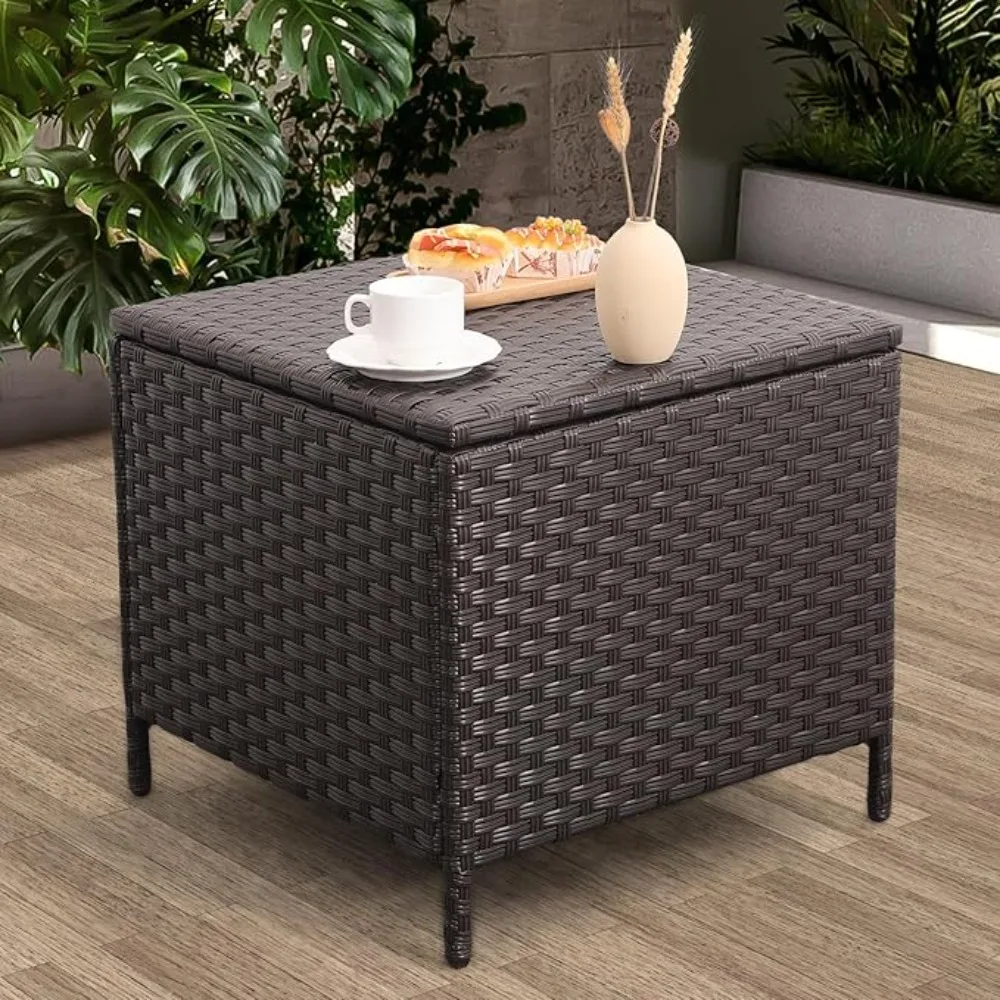 Outdoor Wicker Storage Side Table, Square Container for Furniture Covers, Toys, and Gardening Tools