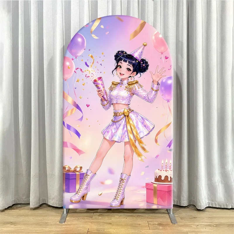 Non Elastic Kpop Demon Hunters Arch Backdrop Cover Single-layer Elegant Birthday Backdrop for Party Decorations Featuring 3