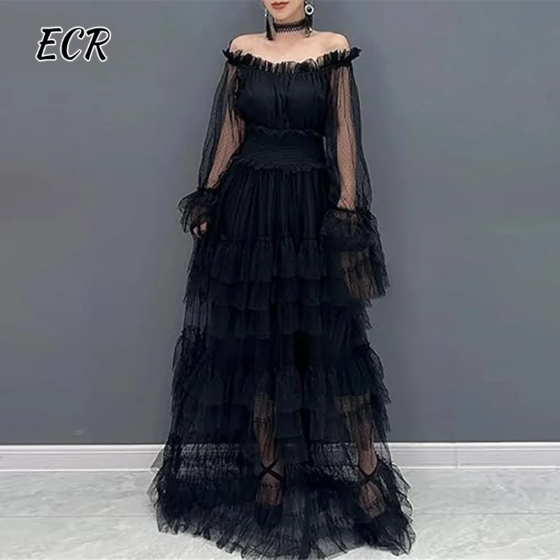 

ECR Solid Elegant Mesh Dresses For Women Slash Neck Long Sleeve Hgh Waist Spliced Ruffles Temperament Loose Dress Female Style