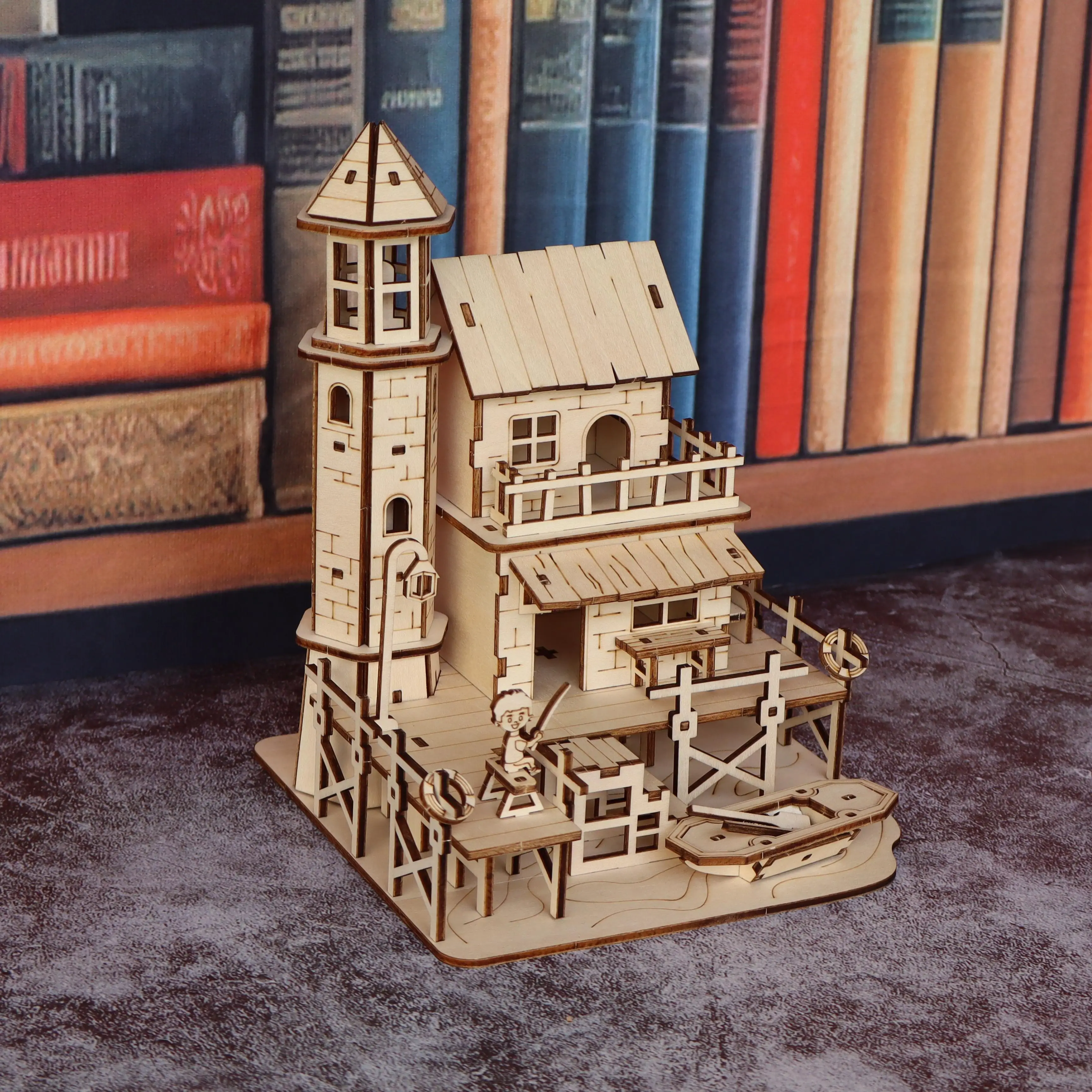مجموعة نماذج تجميع خشبية لمقصورة الصياد، نموذج بناء قرية الصيد الخشبية ثلاثية الأبعاد مصنوع يدويًا