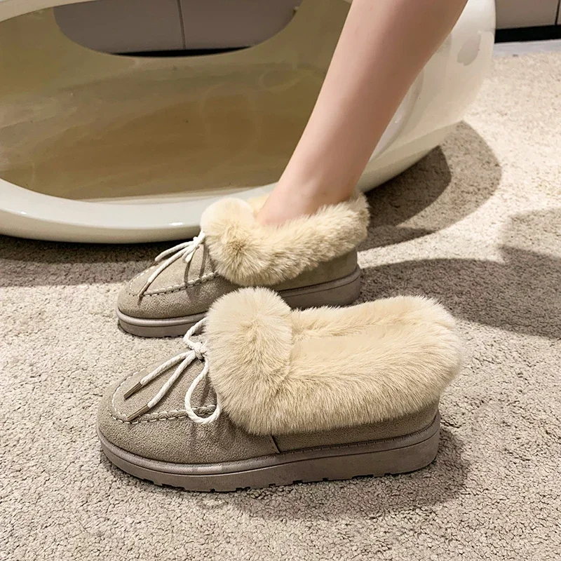 Solid Color Furry Females Feetwear Women Winter Cotton Shoes Plush Warm Snow Boots Ladies Casual Flat Short Boots 2025 Female