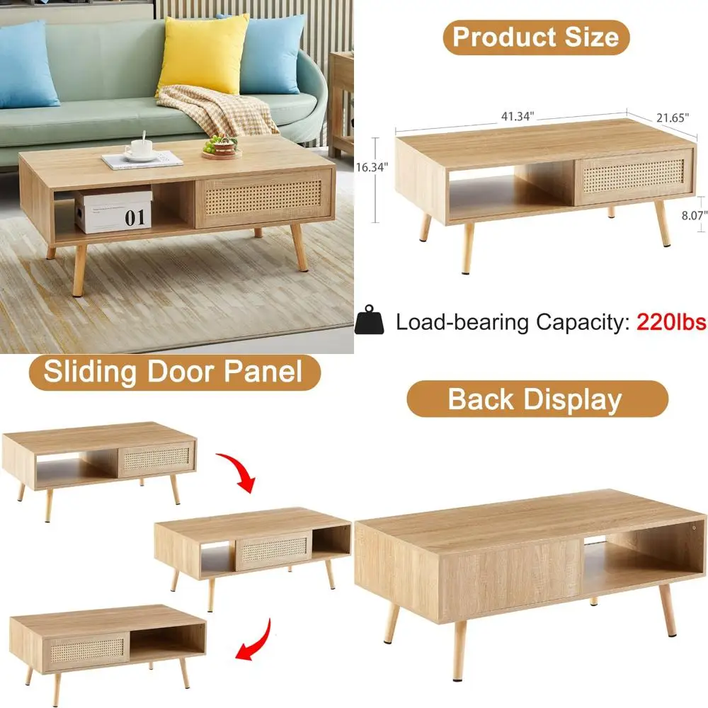 

Mid Century Modern Storage Coffee Table, 41.3 Inch Rectangular Wooden Accent Table with Sliding PE Rattan Door, Centerpiece for