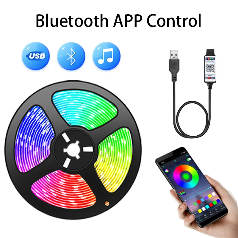 Bluetooth App Control LED Strip Light, Fita flexível USB, Fita de diodo para TV Backlight, Decoração do quarto de casa, RGB 5050, 5V