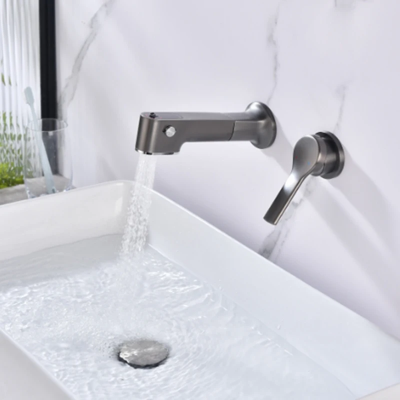 

Wall Mounted One Hole Bathroom Pull Out Sink Faucet 3 Mode Lavatory Basin Sink Faucet Single Handle Hot and Cold Mixer Taps Gray