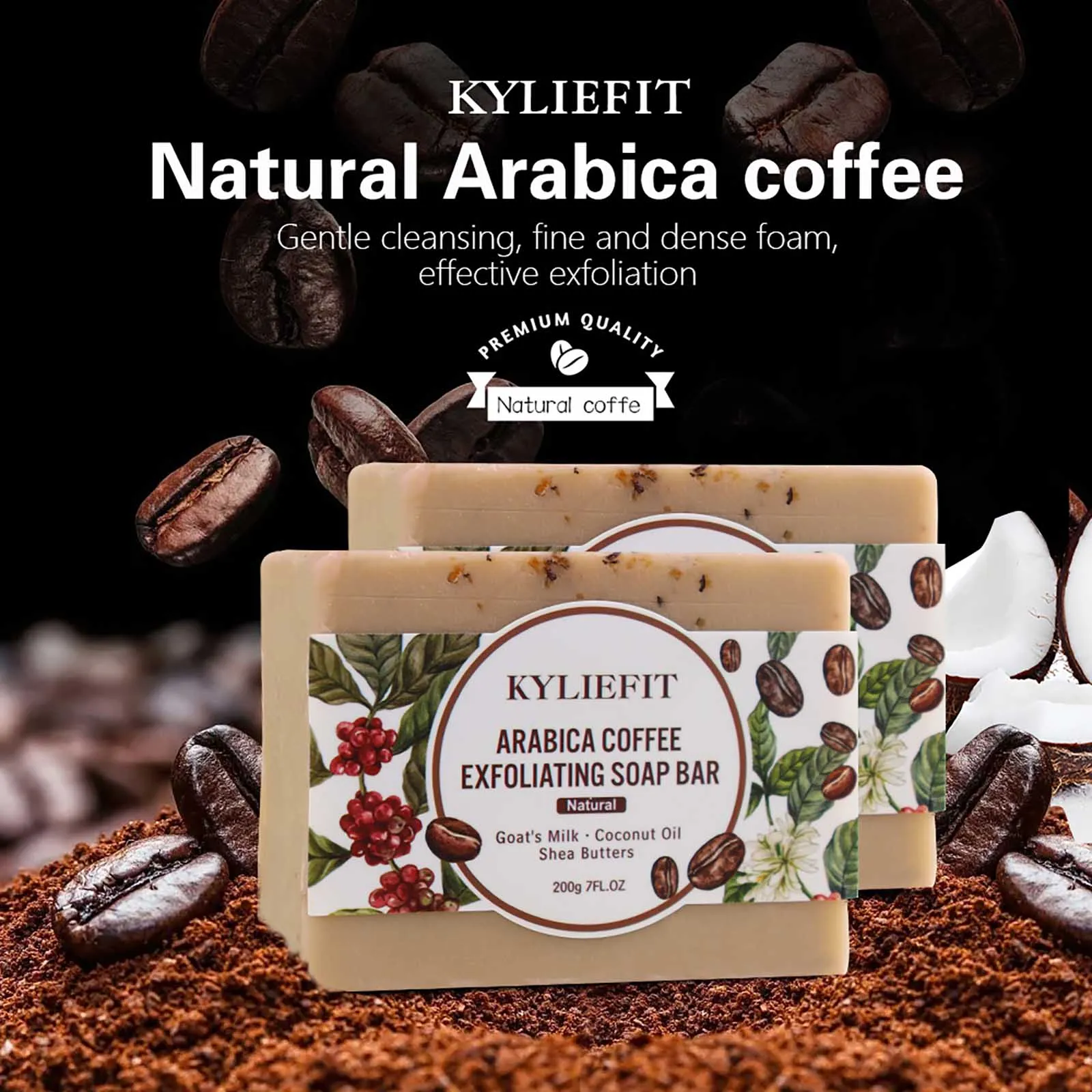 KYLIEFIT Exfoliating Coffee Brighten Soap for Hydrating Elastic Skin, Intense Exfoliation, Visibly Reduces Dark Spots