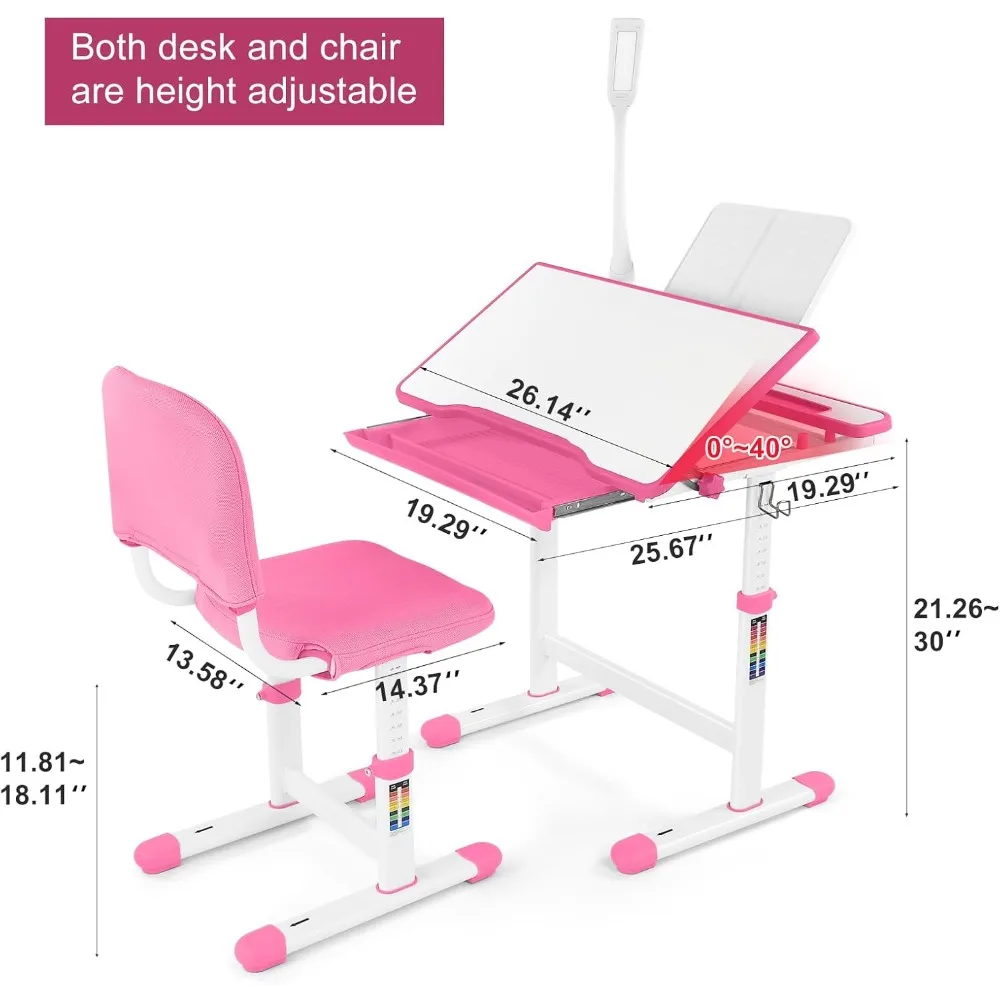 Conjunto de mesa e cadeira de estudo para crianças, mão artística, mesa de estudo de escrita escolar ajustável para meninas, com placa de escrita LED gaveta removível