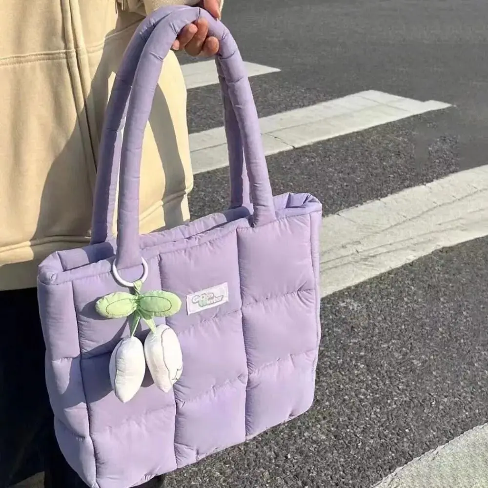 New Cotton Down Shoulder Bag Solid Color Large Capacity Tote Bag Fluffy Soft Travel Handbag