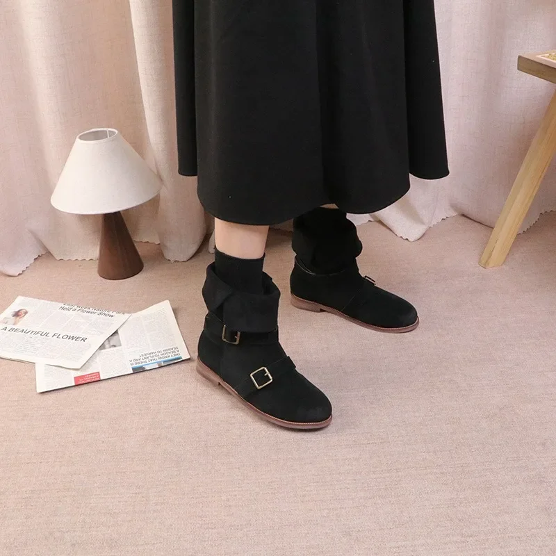 

Birkuir Retro Slip On Women Ankle Boots Buckle Short Boots 3cm Thick Heel Flanging Shoes 2025 Genuine Leather Casual Boots