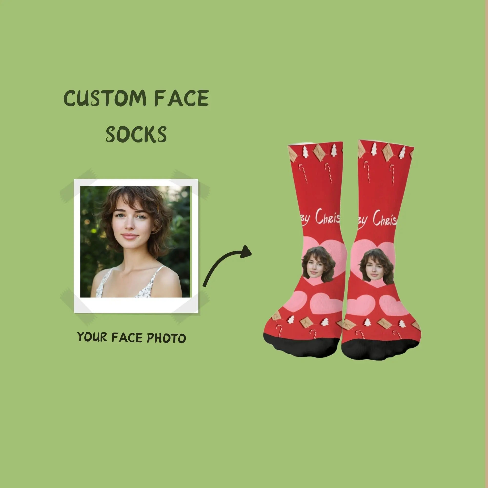 

Sweet Love Custom Face in Pink Heart Christmas Socks Red with Candy Cane Gingerbread Decor Romantic Personalized Holiday Gift