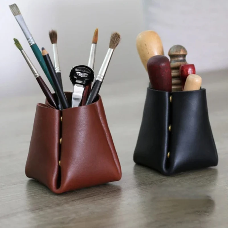 

Creative PU Leather Pen Holder Home Ofiice Desk Organizer Makeup Brush Lipstick Eyebrow Pencil Folding Storager Bag