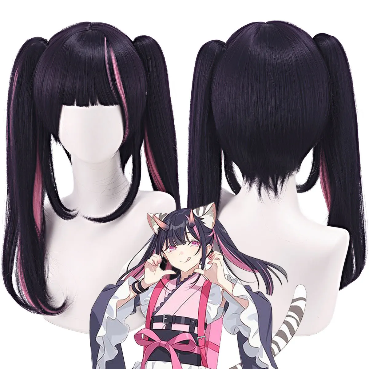 Komazawa Noi Cosplay Wig Chrono Kaguya-hime Black Purple Pink Highlight Long Pigtails Wig with Bangs Halloween Synthetic Hair