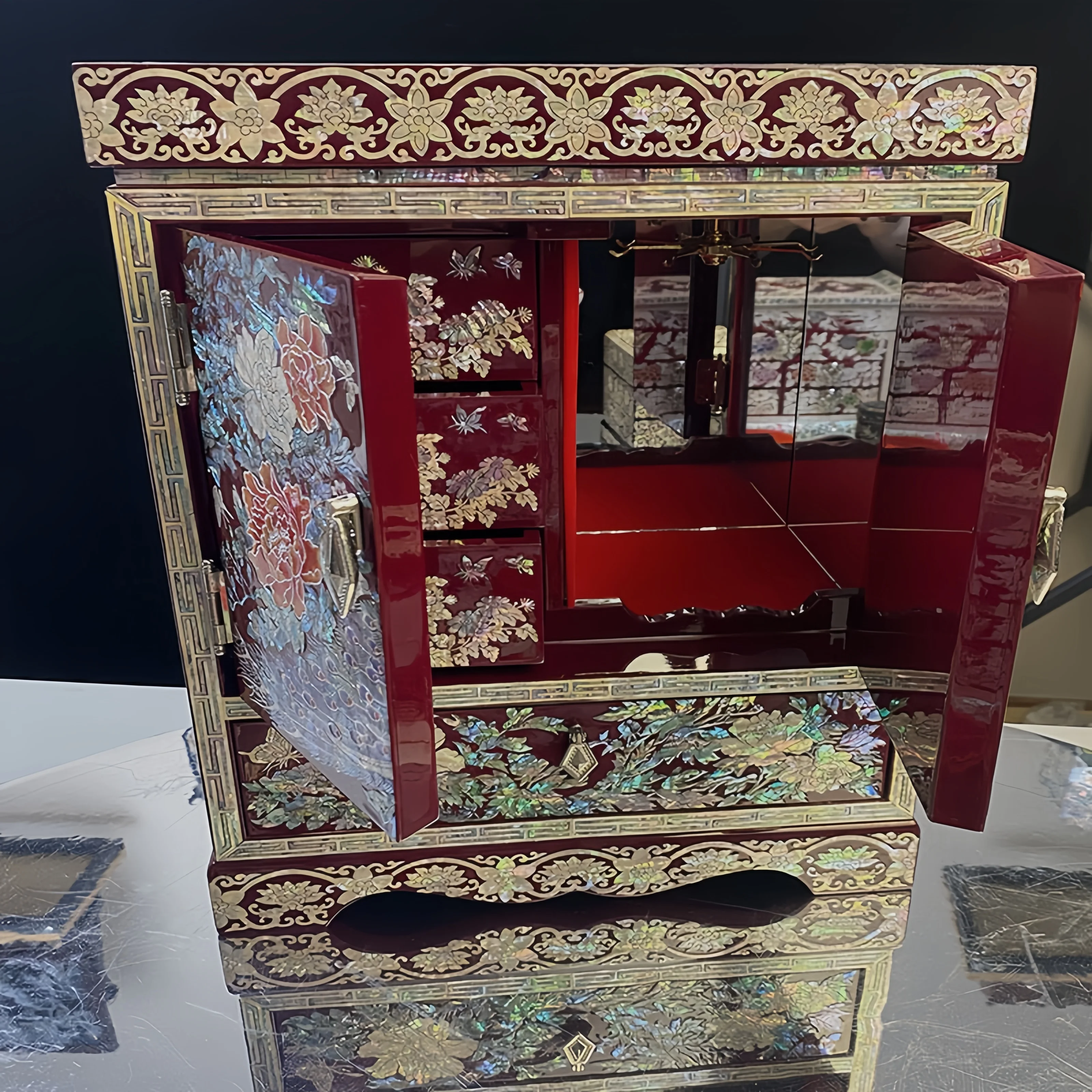 

❁w Mother of Pearl Jewelry Box Traditional Chinese Craft with Peony Inlay Luxury Organizational Storage for CDs Home Decor o