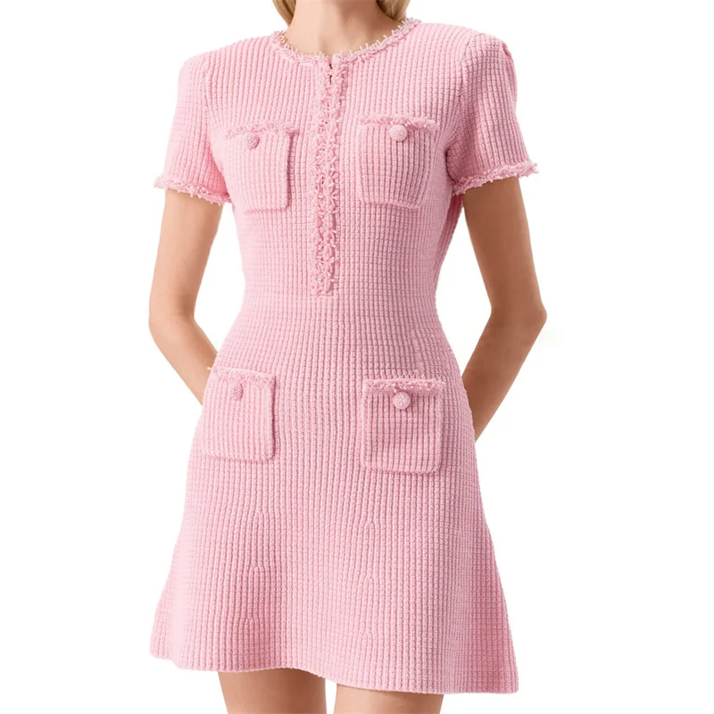 

Women's dress New handmade bead decoration short sleeved mini dress for summer 2025 Elastic knit short dresses y2k party dresses