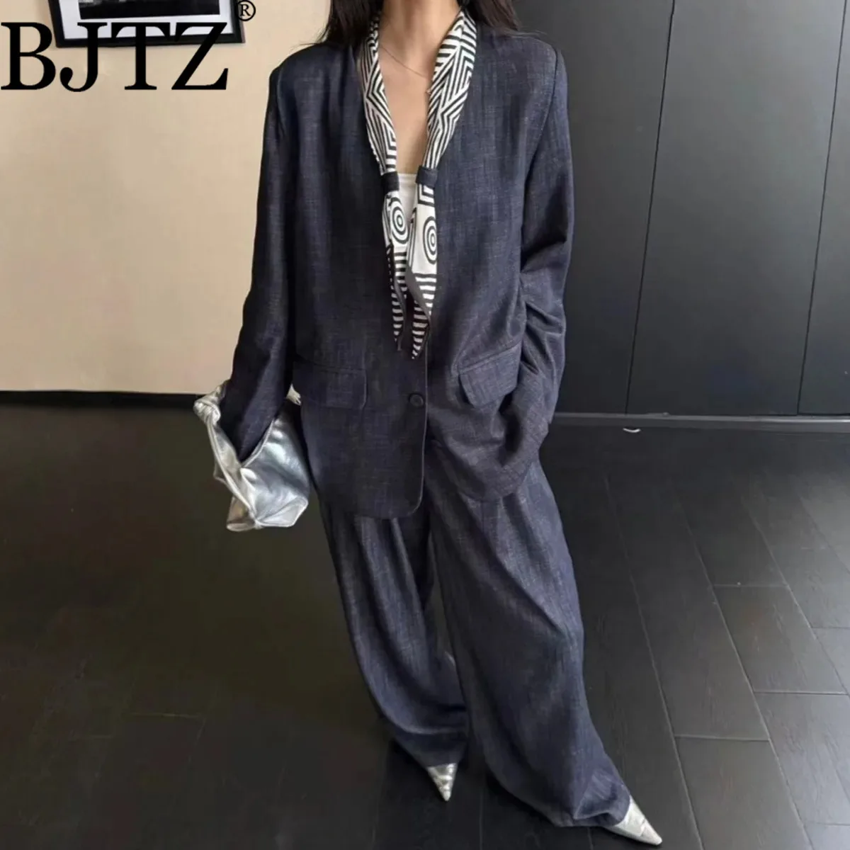 

BJTZ модный офисный женский блейзер, комплект из 2 предметов, весна-осень 2024, новая свободная куртка с шалевым воротником + широкие прямые брюки, комплект