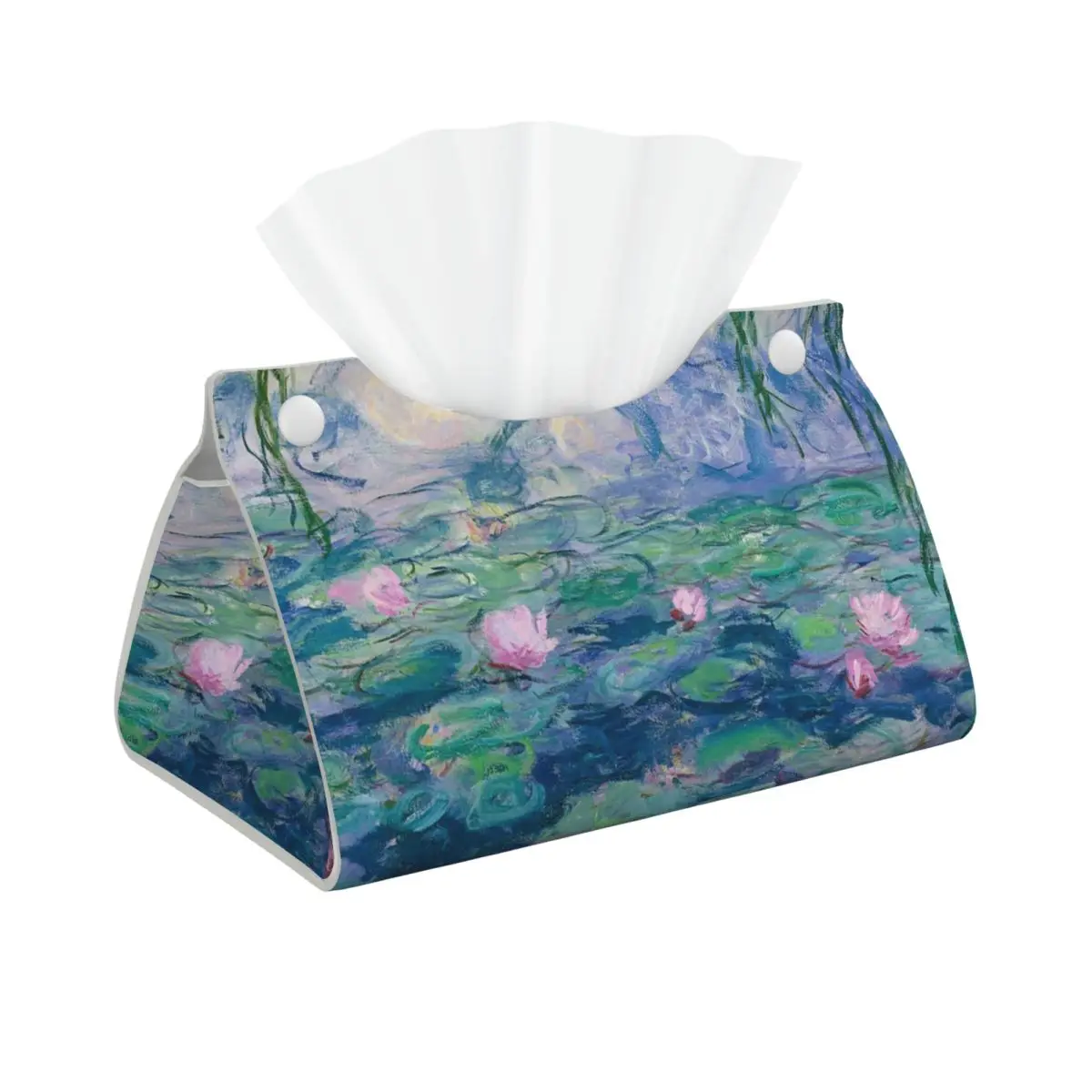 Custom Water Lilies Claude Monet Fine Art Tissue Box Holder Rectangular PU Leather Facial Tissue Box Cover for Car Bathroom