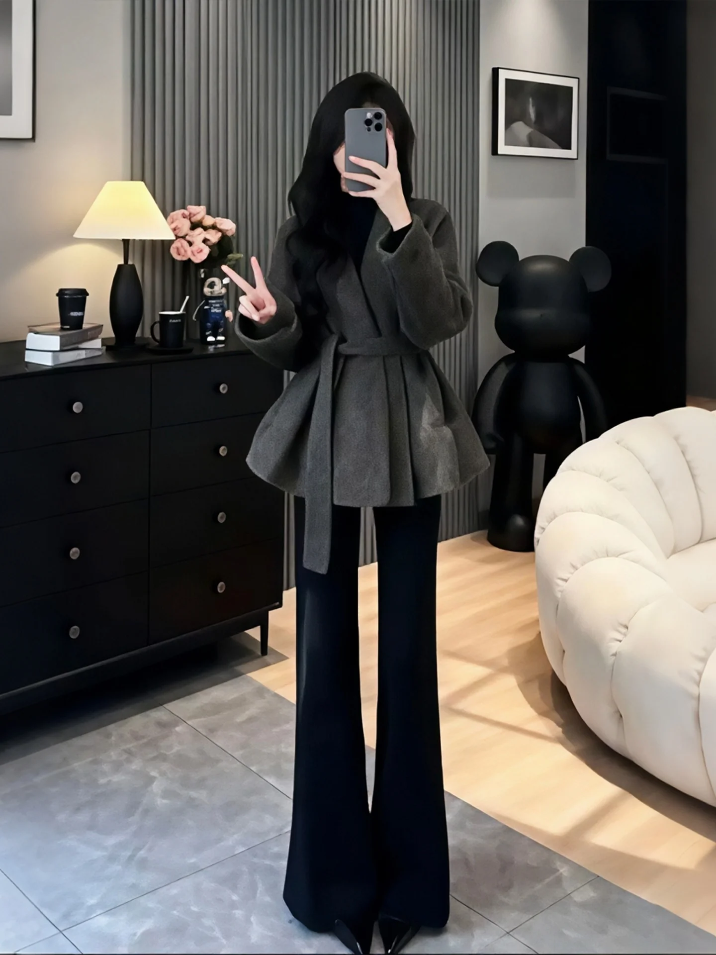 

Winter Faion plus Size Women's Woolen Coat And Flared Pants Set High Waist Loose Fit Korean Sle Casual Wear